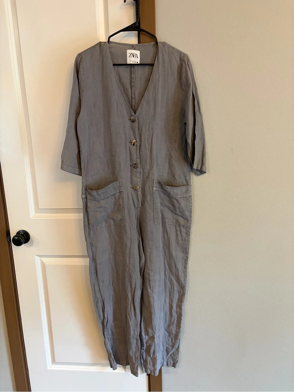 NWOT Zara Women’s 100% Linen Button Front Grey Minimalist Jumpsuit Medium